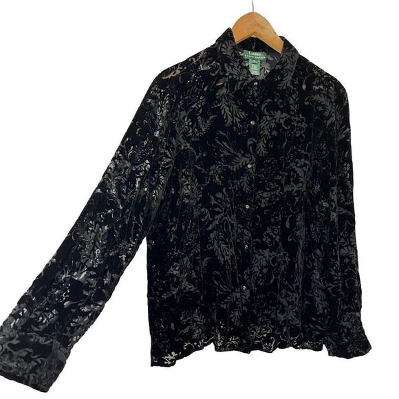 Lauren Ralph Lauren Velvet Burnout Top Sz XL Whimsigoth Black Fairy Grunge Sheer - Picture 3 of 8